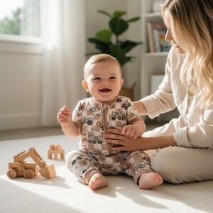 NWT Construction Truck Checkered Short Sleeve Romper Bamboo Baby Matching Set